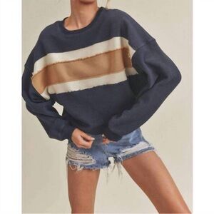 Aemi+Co Women's Navy Stripe Crewneck with Tan and Cream Bands